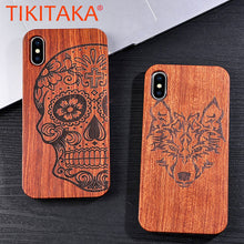 Load image into Gallery viewer, Genuine Natural Wood Case For iPhone X 8 7 6 6s Plus 5s 5 SE Cover Novel Embossed Flower Skull Wolf Pattern Wooden Phone Cases