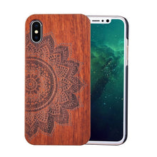 Load image into Gallery viewer, Genuine Natural Wood Case For iPhone X 8 7 6 6s Plus 5s 5 SE Cover Novel Embossed Flower Skull Wolf Pattern Wooden Phone Cases