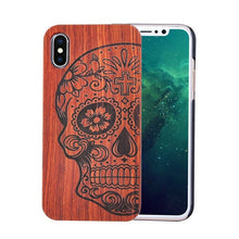 Load image into Gallery viewer, Genuine Natural Wood Case For iPhone X 8 7 6 6s Plus 5s 5 SE Cover Novel Embossed Flower Skull Wolf Pattern Wooden Phone Cases