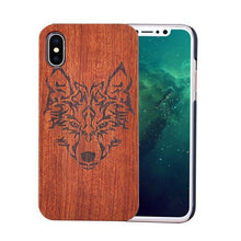 Load image into Gallery viewer, Genuine Natural Wood Case For iPhone X 8 7 6 6s Plus 5s 5 SE Cover Novel Embossed Flower Skull Wolf Pattern Wooden Phone Cases