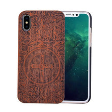 Load image into Gallery viewer, Genuine Natural Wood Case For iPhone X 8 7 6 6s Plus 5s 5 SE Cover Novel Embossed Flower Skull Wolf Pattern Wooden Phone Cases