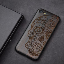 Load image into Gallery viewer, Popular Black Ebony Wood Phone Case for iPhone 7 Carved Skull Flower Wooden iPhone 7 Plus 6 6s 8 Plus Case For iPhone 8 Cover